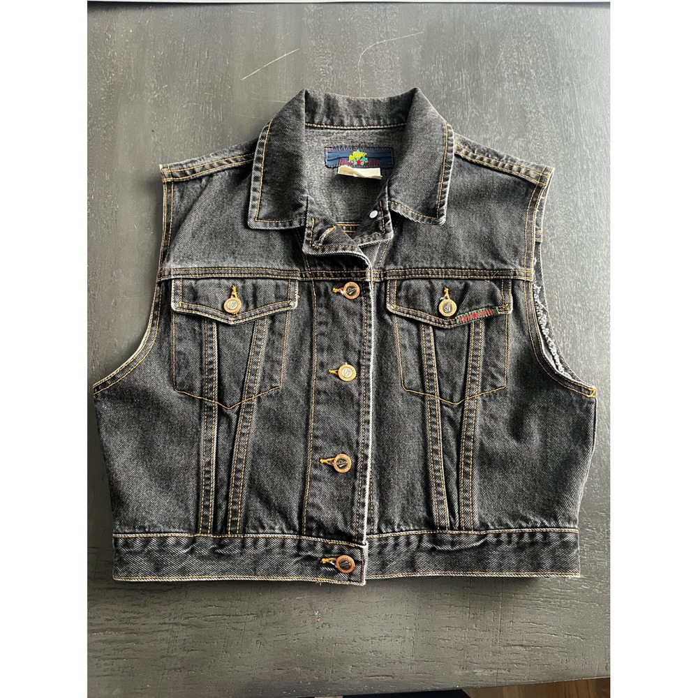Silver Red Star Womens Vintage Washed Black Denim Trucker Vest Medium Biker Punk